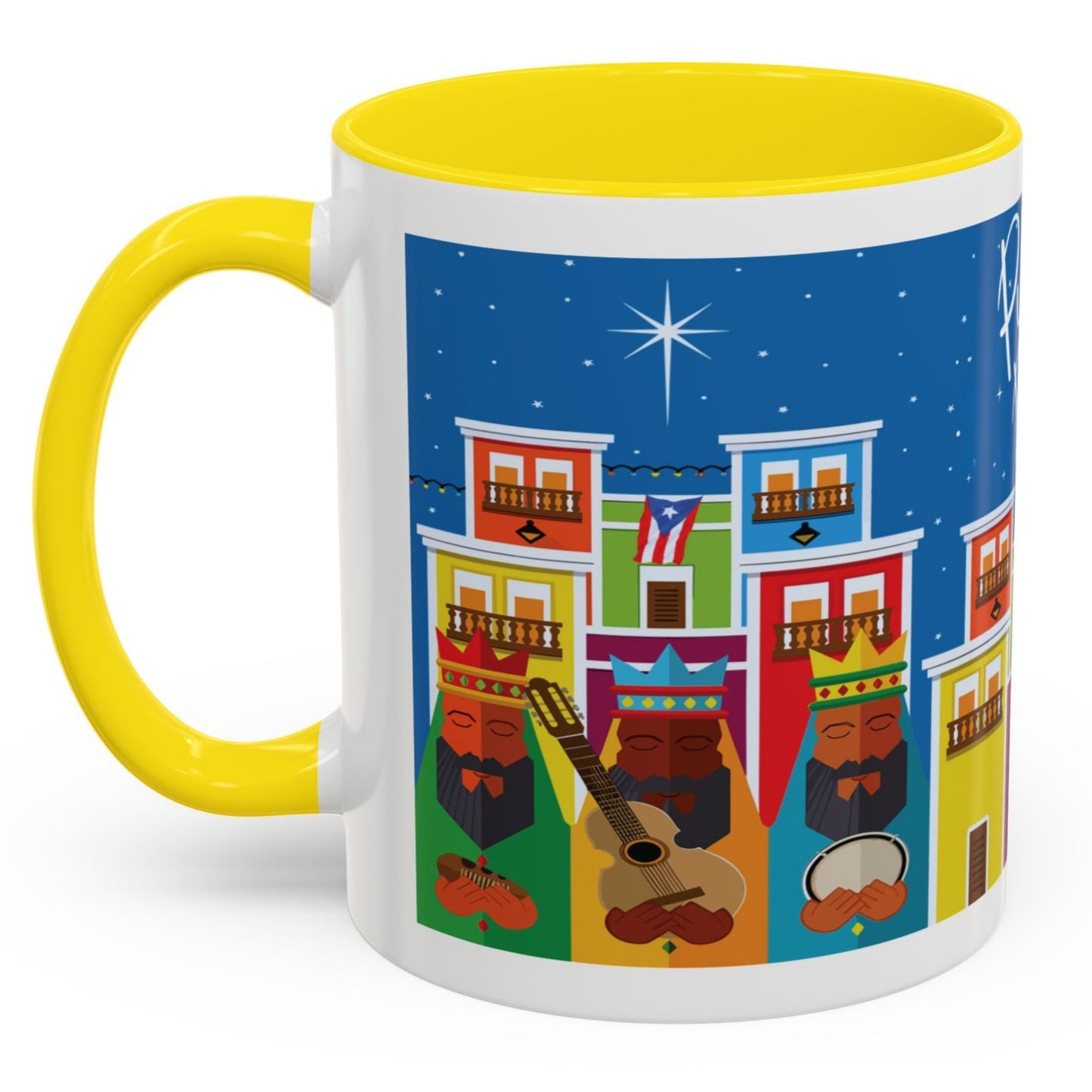 THREE KINGS IN OLD SAN JUAN COFFEE MUG TRES REYES MAGOS EN SAN JUAN. ASA E INTERIOR AMARILLA. YELLOW ACCENTS.