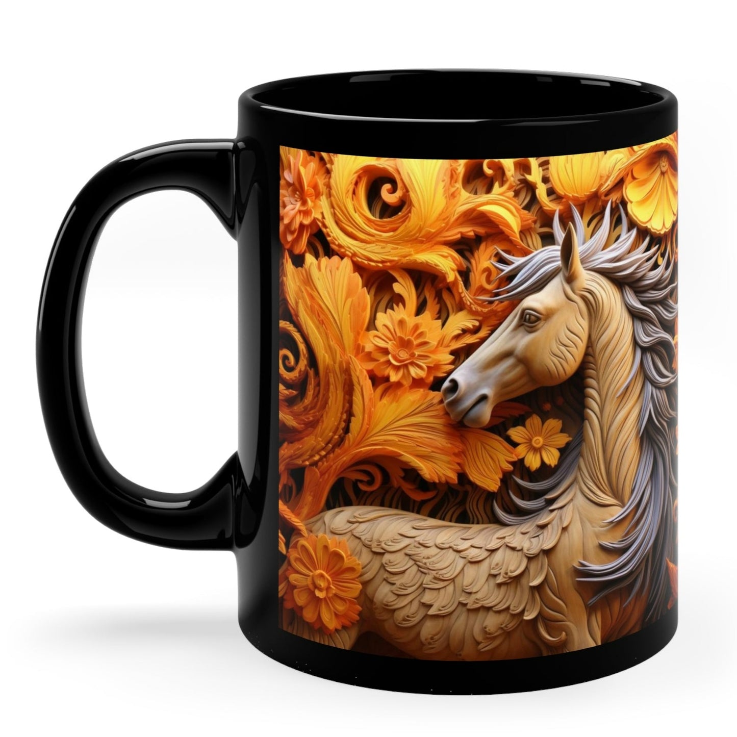 Glossy black ceramic mug featuring a sculpted-style tan horse with flowing gray mane and ornate golden floral background. 11oz, microwave and dishwasher safe.