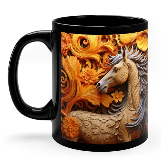 Glossy black ceramic mug featuring a sculpted-style tan horse with flowing gray mane and ornate golden floral background. 11oz, microwave and dishwasher safe.
