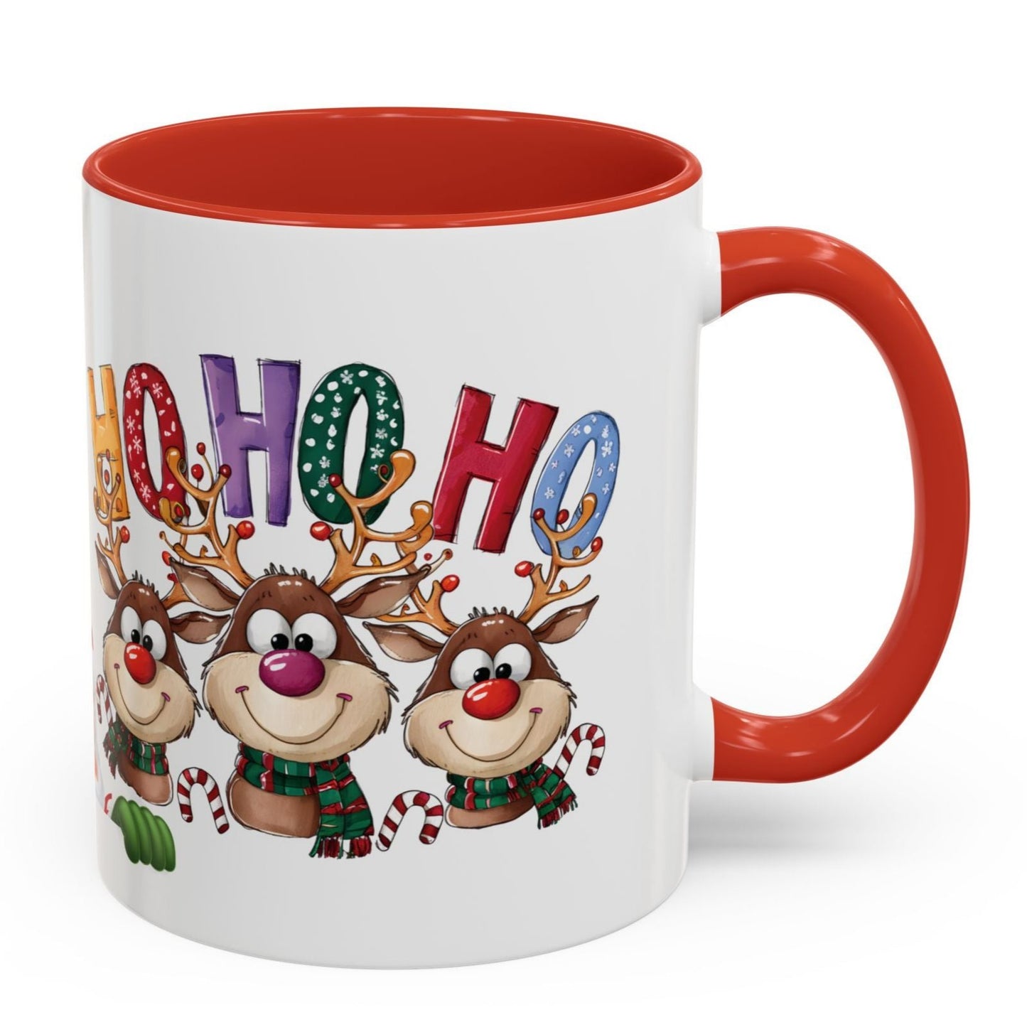 Christmas mug with Santa Claus, smiling reindeer, and colorful HO HO HO holiday letters