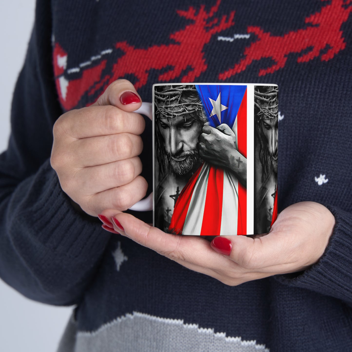 JESUS HUGGING PUERTO RICAN FLAG MUG - WHITE - MUGSCITY - Free Shipping