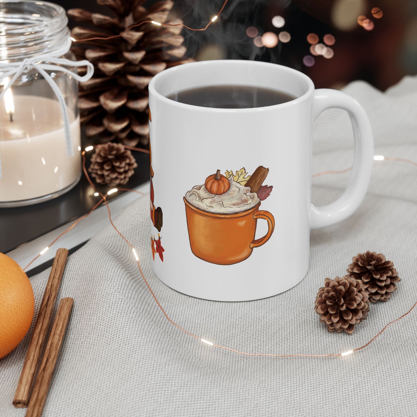 Fall Vibes mug with autumn gnome, stacked pumpkins, falling leaves, and soft 3D look – 11oz ceramic cup by MUGSCITY23