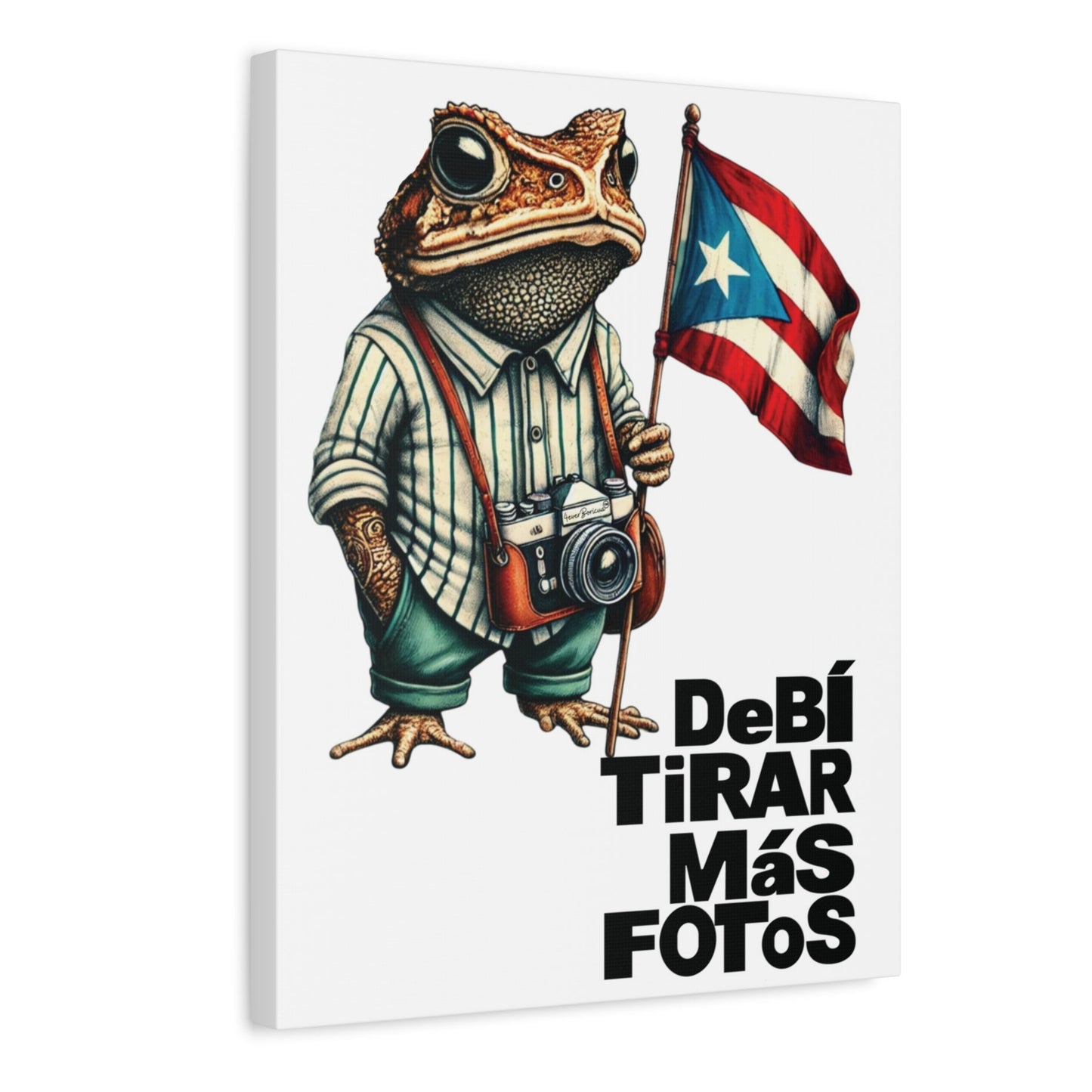 Puerto Rican Sapo Concho canvas art with camera, PR flag, and text "Debí Tirar Más Fotos" – 12x16 or 16x20