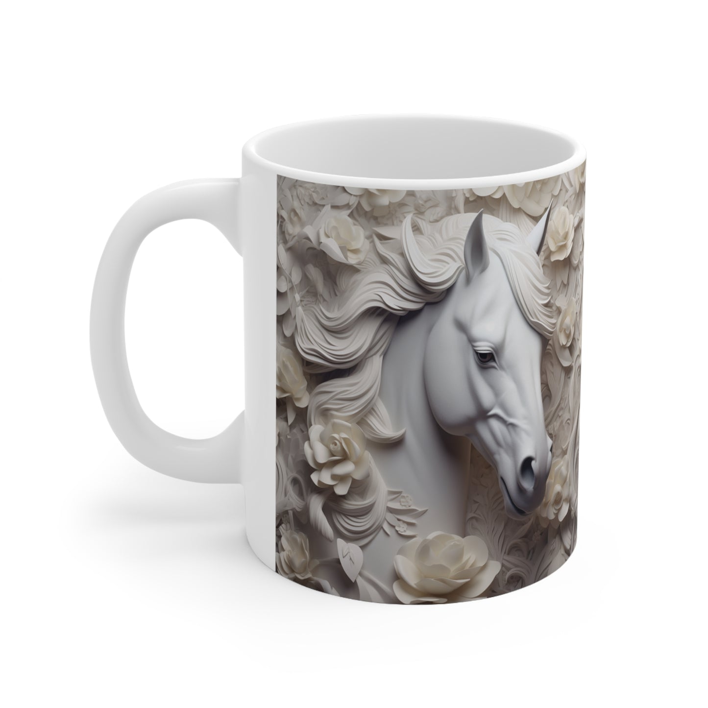 Elegant white ceramic mug featuring a majestic white horse surrounded by delicate white flowers. 11oz, microwave and dishwasher safe.
