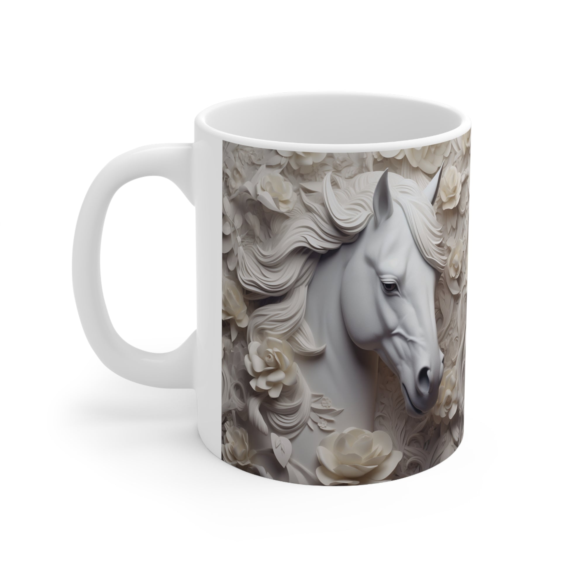 Elegant white ceramic mug featuring a majestic white horse surrounded by delicate white flowers. 11oz, microwave and dishwasher safe.