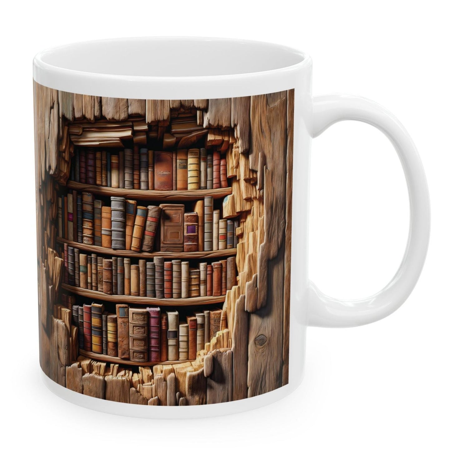 Book Lover Ceramic Cup Coffee Mug - 3D Wood Library Image - Mugscity 23