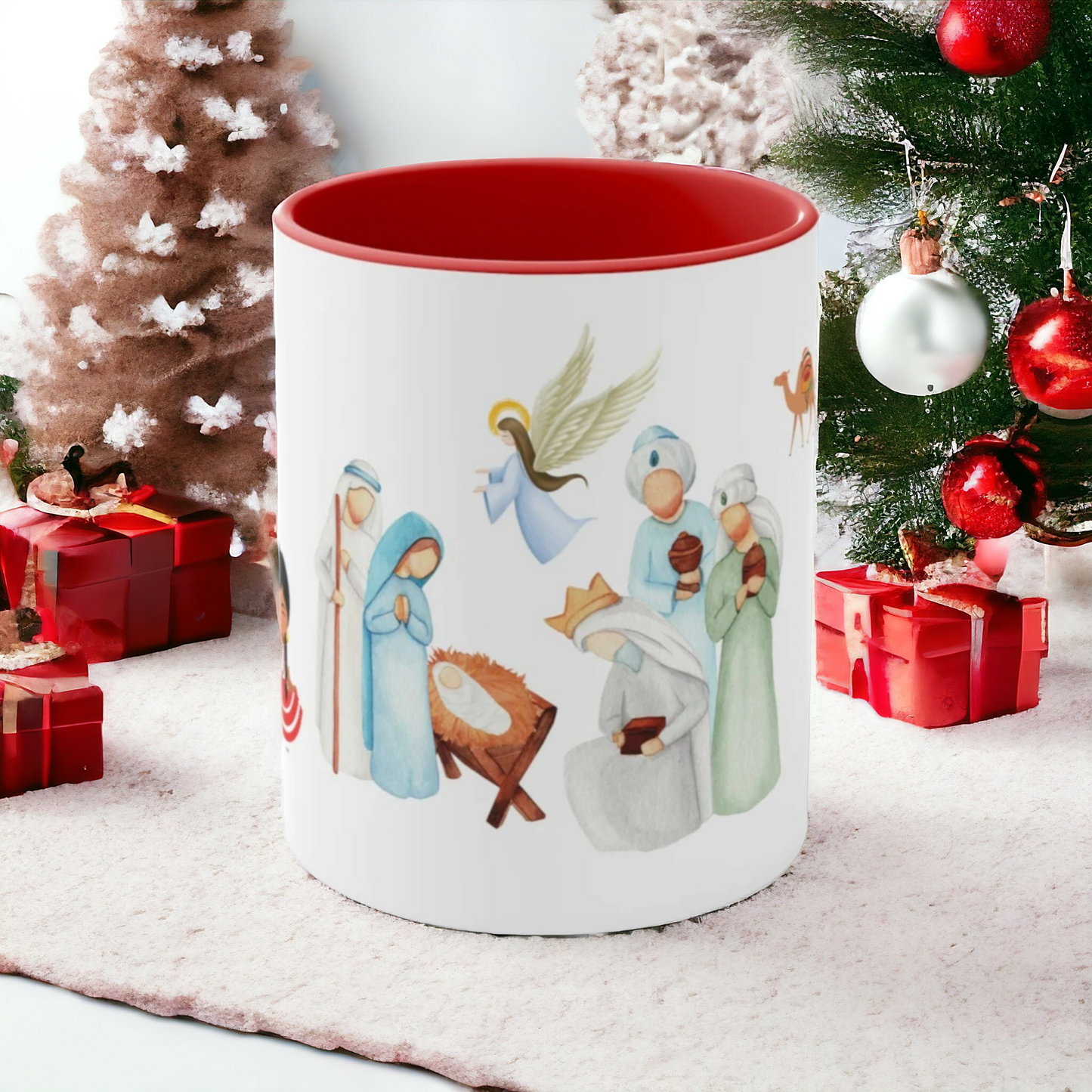 Puerto Rican Christmas nativity mug with Holy Family, angel, Three Kings, camels and jíbaro characters