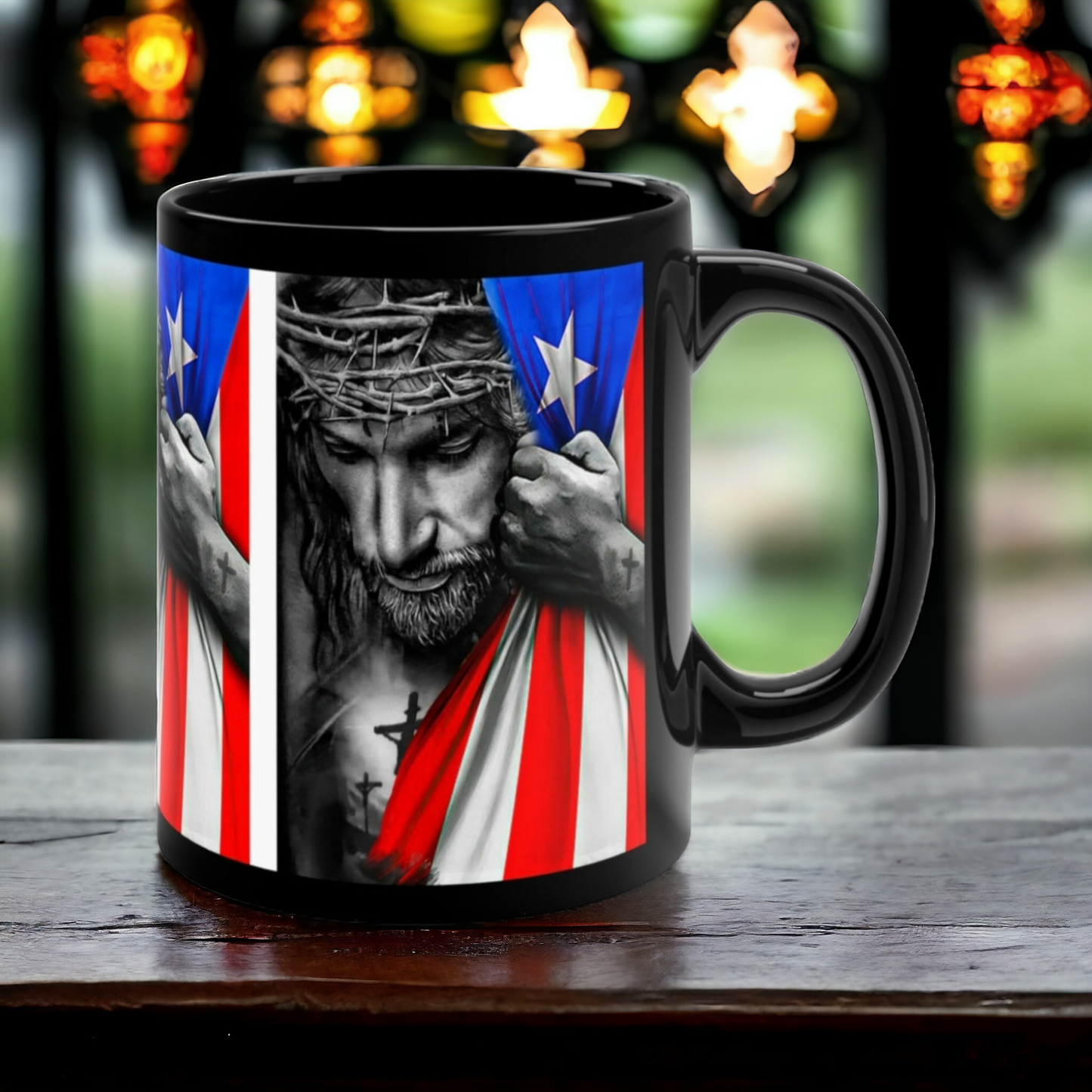 JESUS HUGGING PUERTO RICAN FLAG MUG (GLOSSY BLACK) - MUGSCITY - Free Shipping