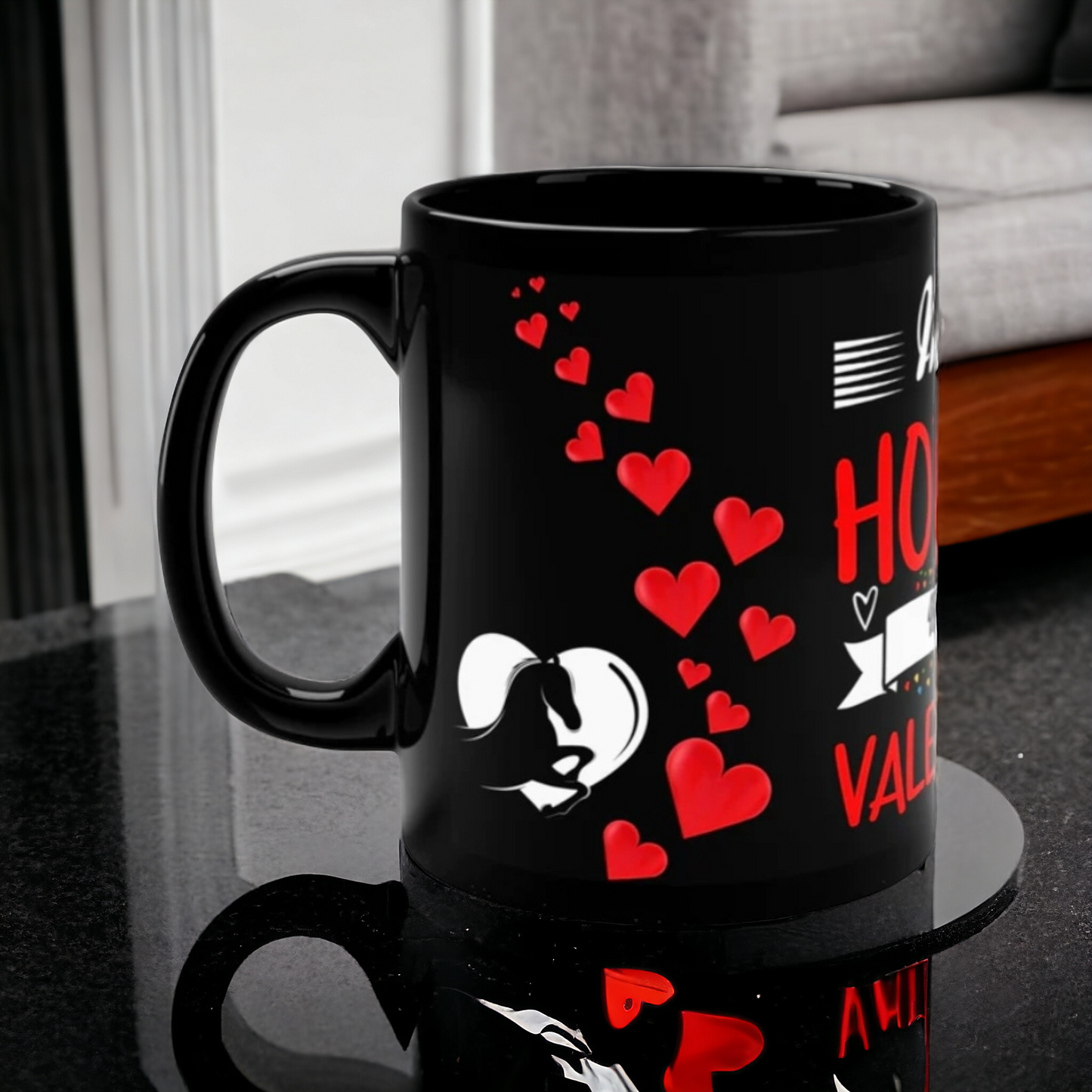 Glossy black ceramic mug with "My Horse is My Valentine" message in stylish lettering. 11oz, microwave and dishwasher safe.