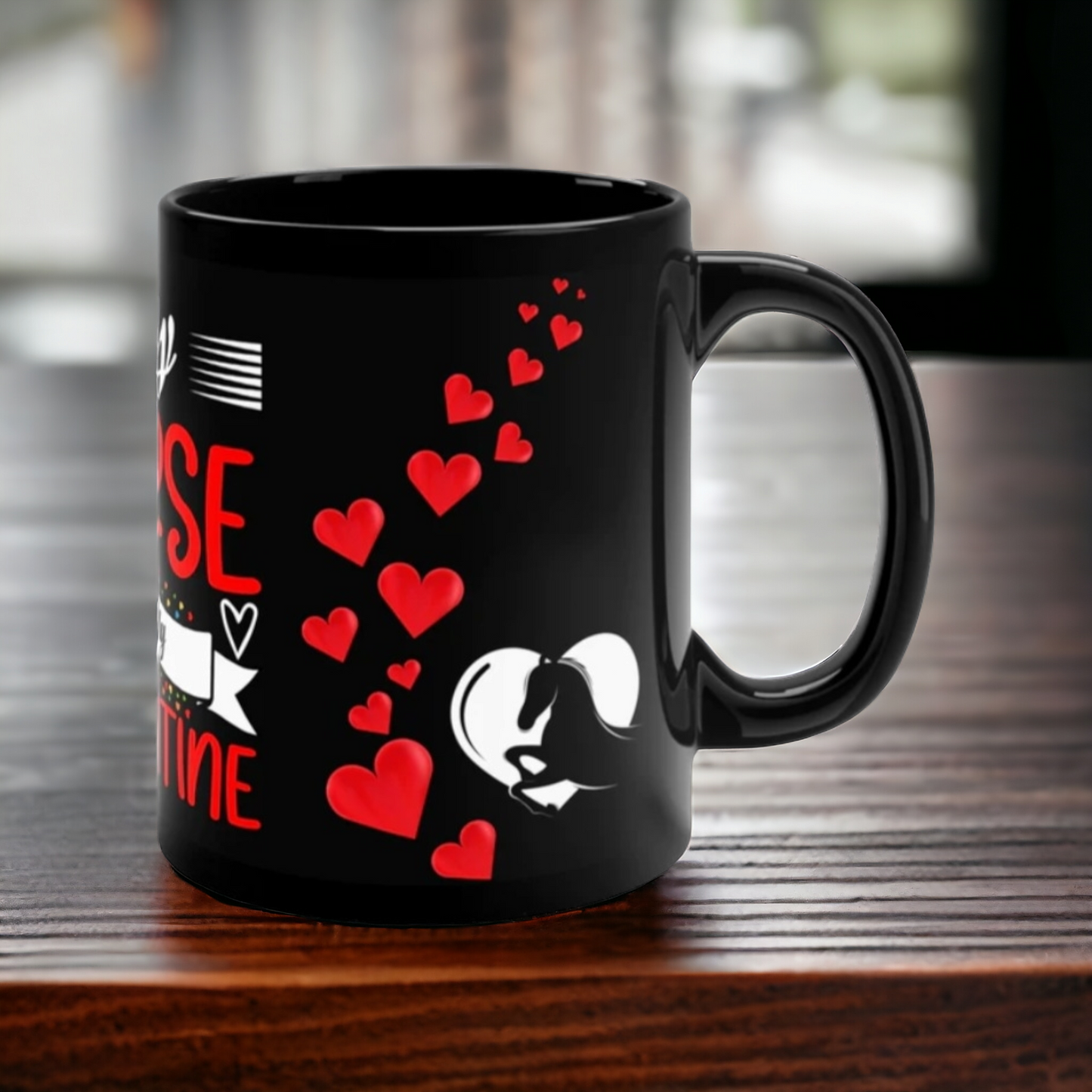 Glossy black ceramic mug with "My Horse is My Valentine" message in stylish lettering. 11oz, microwave and dishwasher safe.