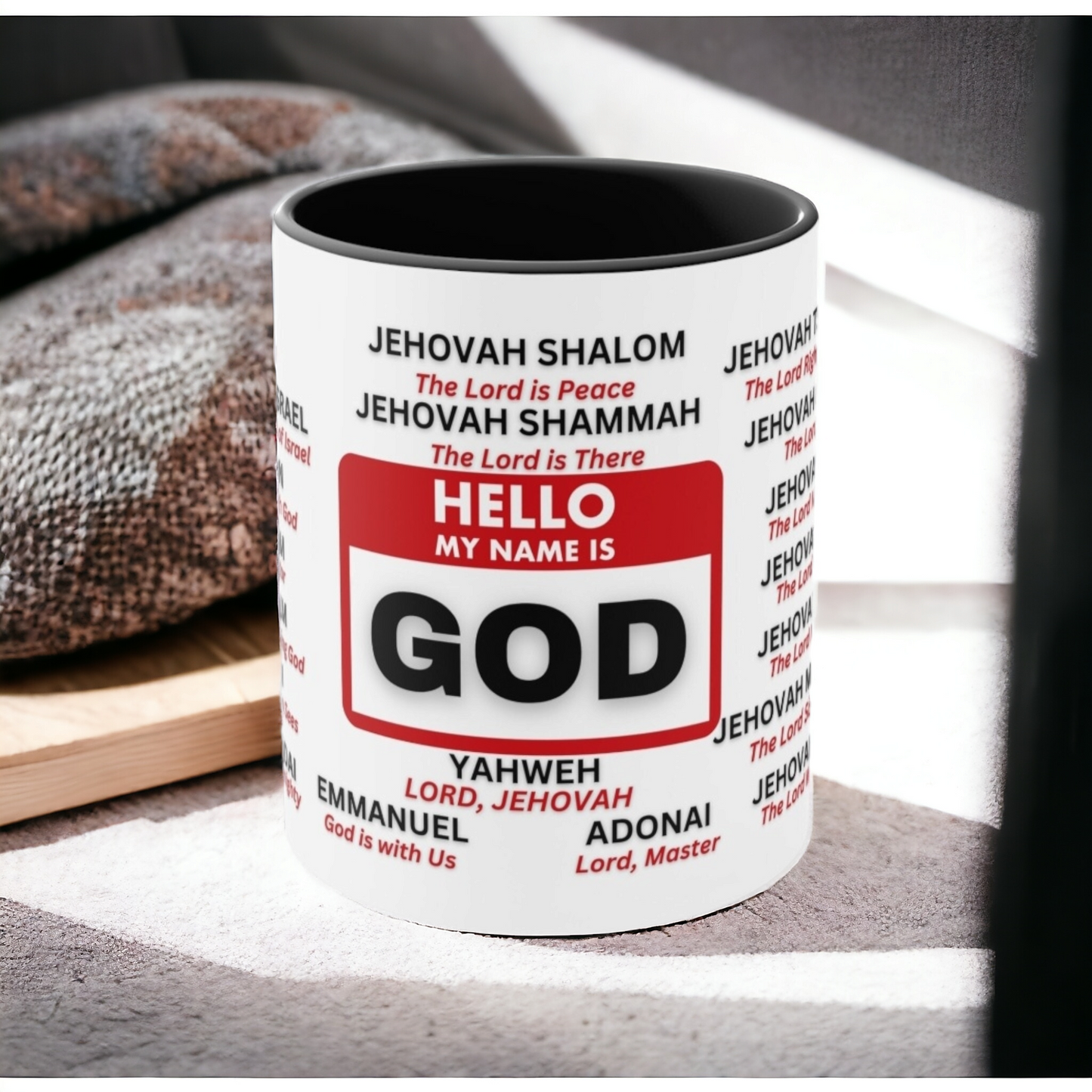 21 Names of God Christian Mug – Jehovah, Yahweh, Adonai - Black Accent - Mugscity23