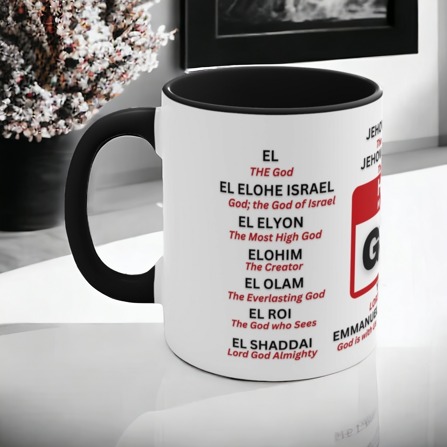 21 Names of God Christian Mug – Jehovah, Yahweh, Adonai - Black Accent - Mugscity23
