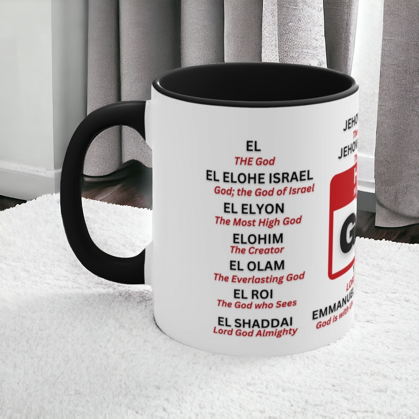 21 Names of God Christian Mug – Jehovah, Yahweh, Adonai - Black Accent - Mugscity23