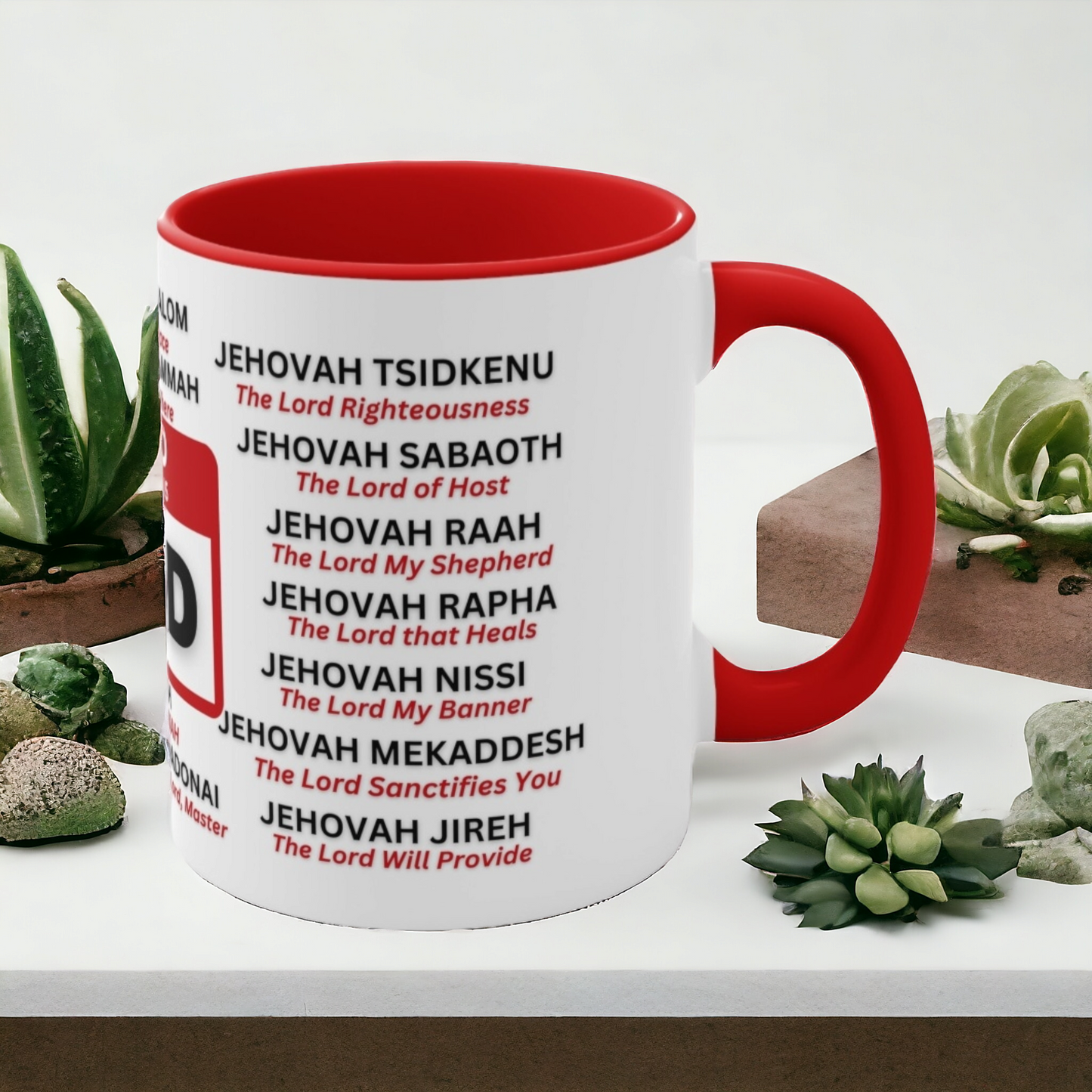 21 Names of God Christian Mug – Jehovah, Yahweh, Adonai - Red Accent - Mugscity23