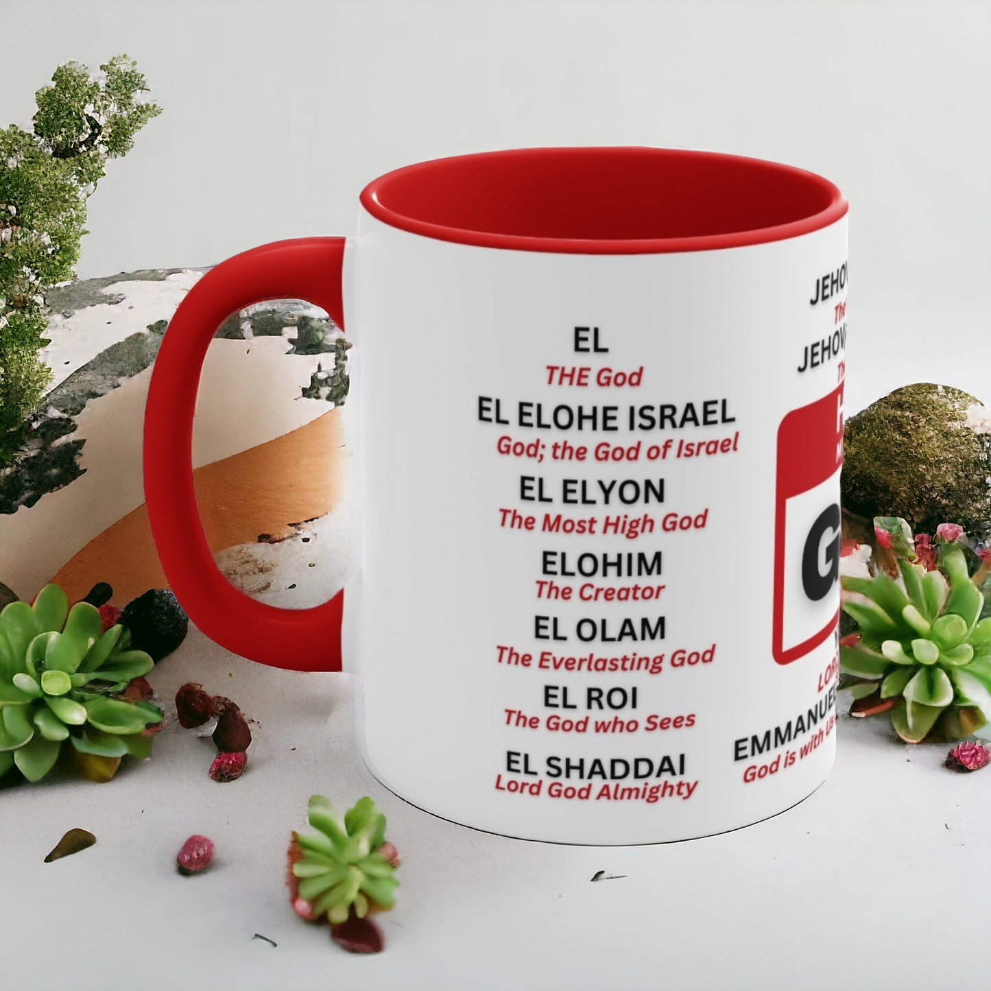 21 Names of God Christian Mug – Jehovah, Yahweh, Adonai - Red Accent - Mugscity23