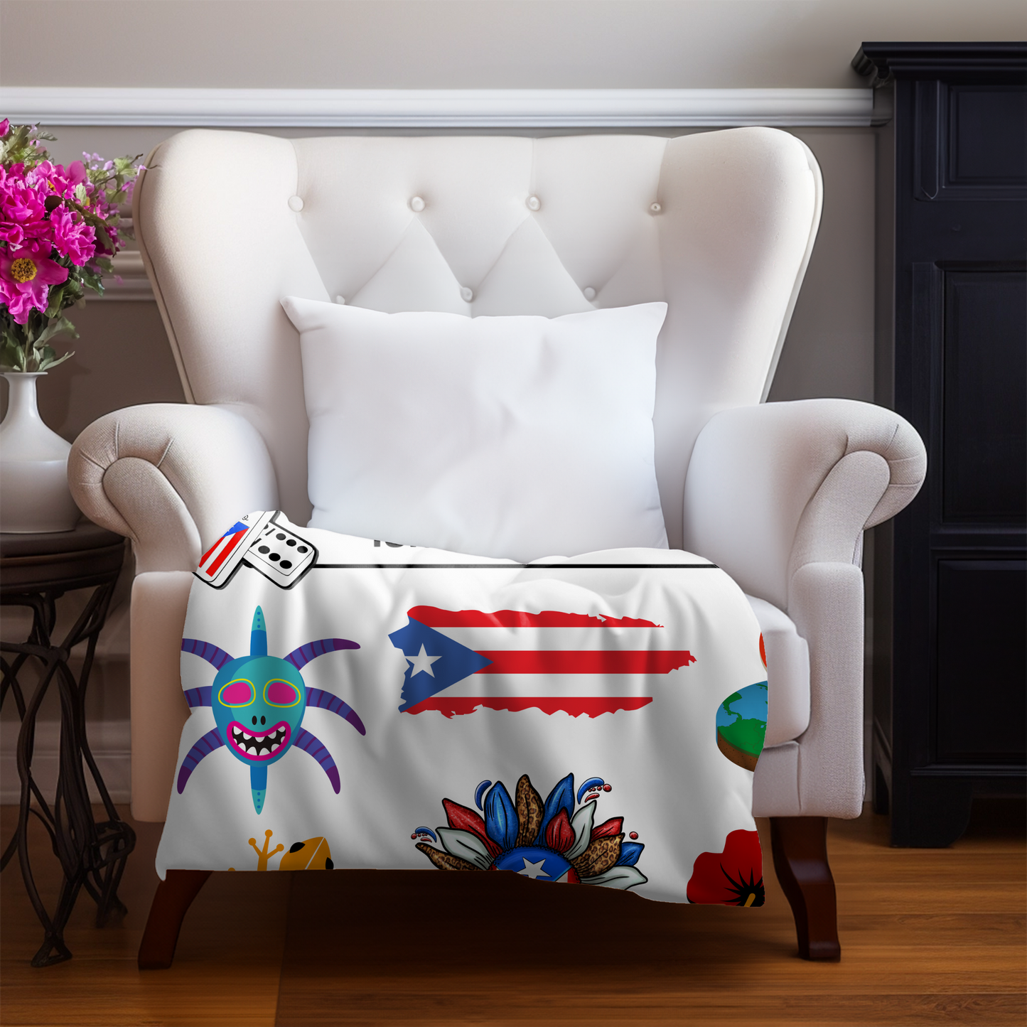 Puerto Rican Elements Blanket – Coquí, Flag, Vejigante – 4everboricua - Frisa Boricua Puerto Rico PR