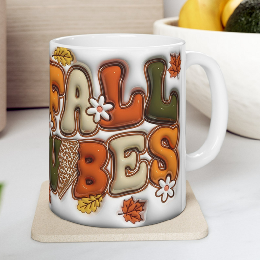 Fall Vibes 3D effect mug with autumn leaves and flowers – 11oz ceramic coffee cup by MUGSCITY23