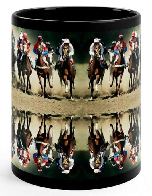 Glossy black ceramic mug featuring a dynamic image of jockeys in a horse race with a mirrored reflection design. 11oz, microwave and dishwasher safe.