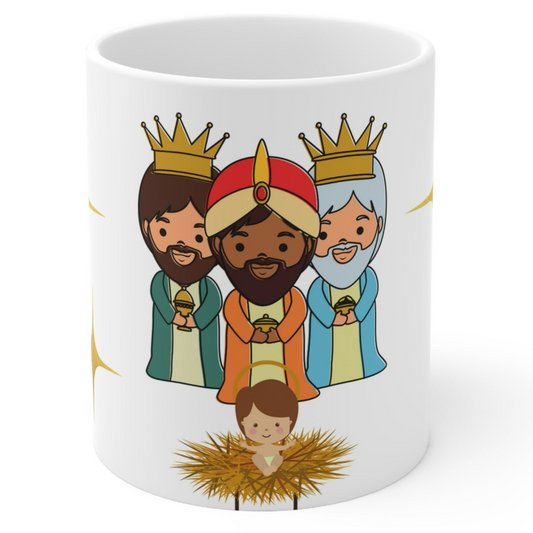 Cute Christmas mug with cartoon Three Kings and baby Jesus in manger