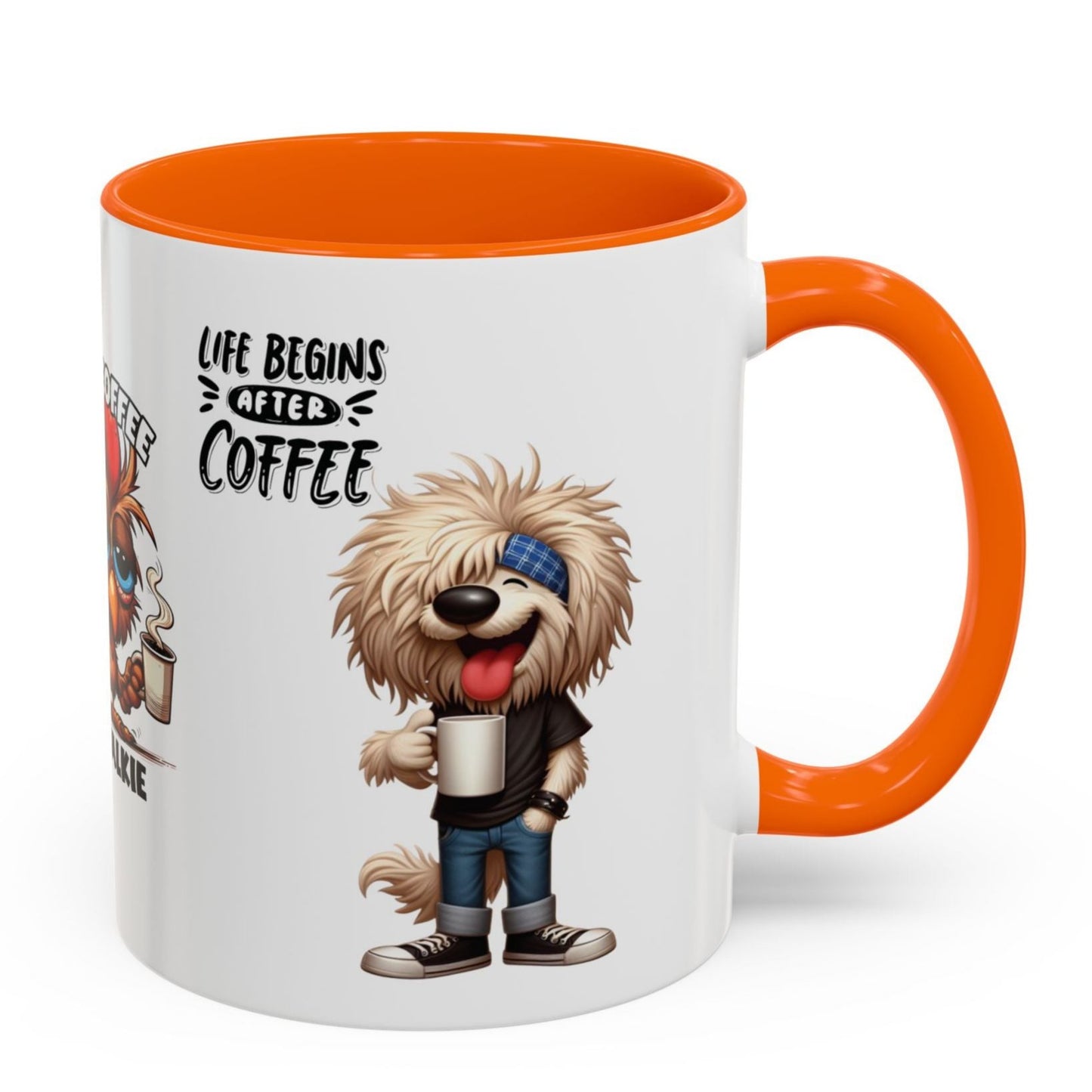 Funny Cup Coffee Mug for Coffee Lovers. Available with Black, Orange and Red accents.