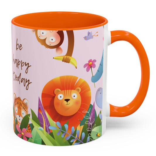 Be Happy Today Animal Jungle Accent Cup Coffee Mug - Accents in yellow, orange, blue and purple