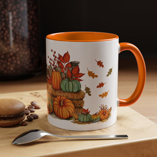 rustic autumn ceramic mug 11oz with pumpkins and leaves