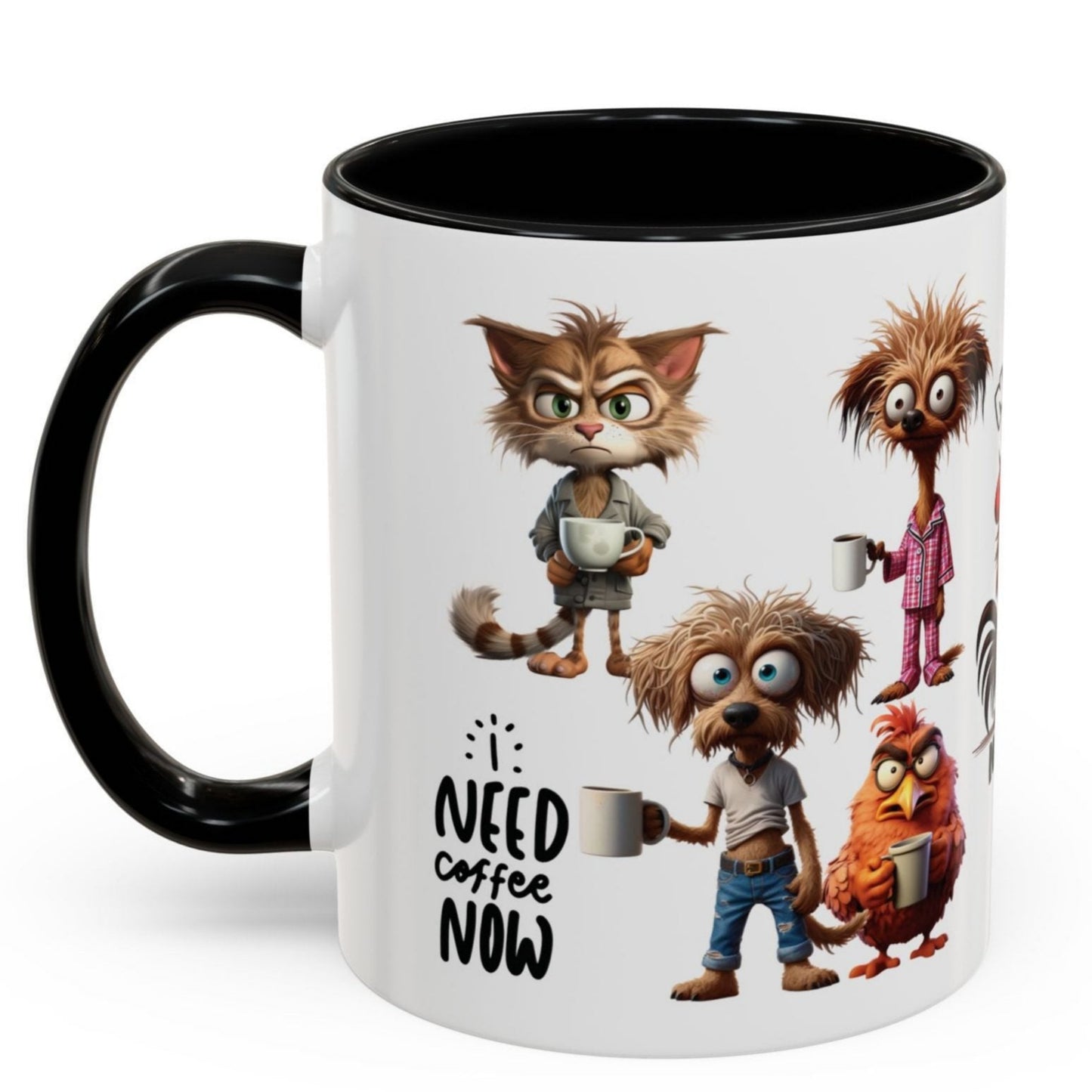 Funny Cup Coffee Mug for Coffee Lovers. Available with Black, Orange and Red accents.