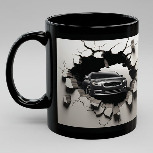 Black mug with a car design on a white background