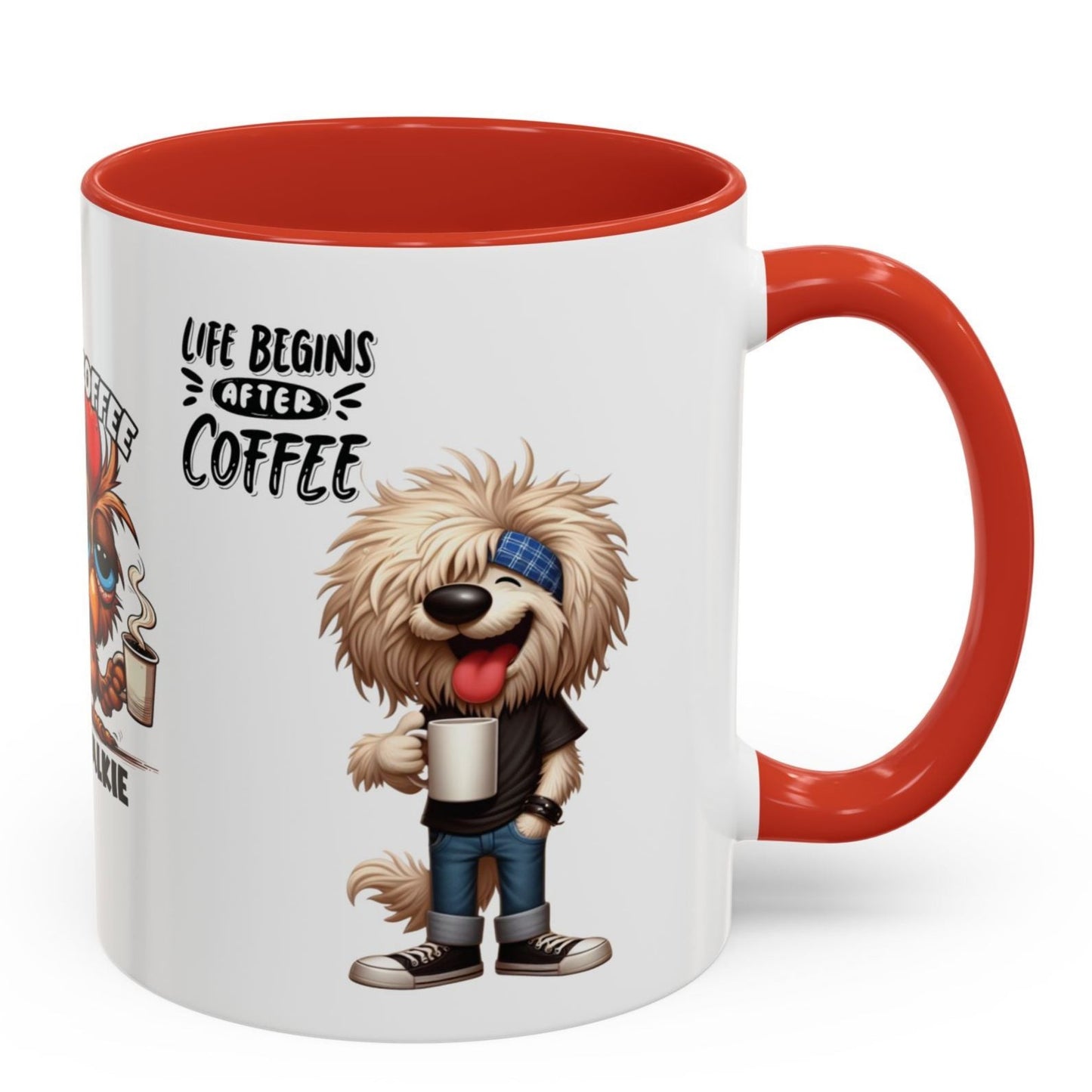 Funny Cup Coffee Mug for Coffee Lovers. Available with Black, Orange and Red accents.