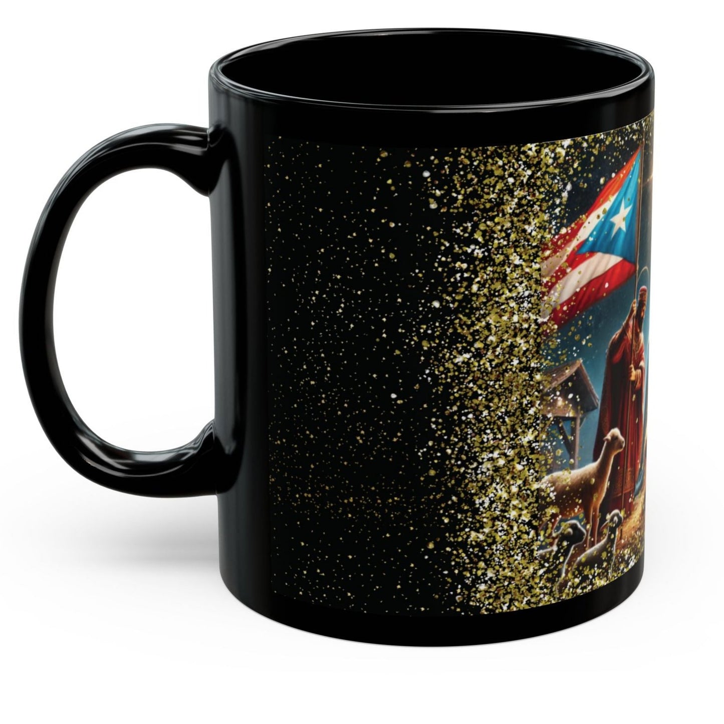 Three Kings and Jesus Christmas Coffee Mug, Puerto Rican Flag , Black Mug 11oz, Microwave Safe, Dishwasher Safe, Free Shipping