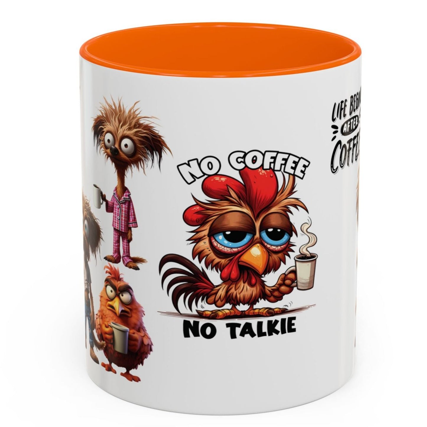 Funny Cup Coffee Mug for Coffee Lovers. Available with Black, Orange and Red accents.