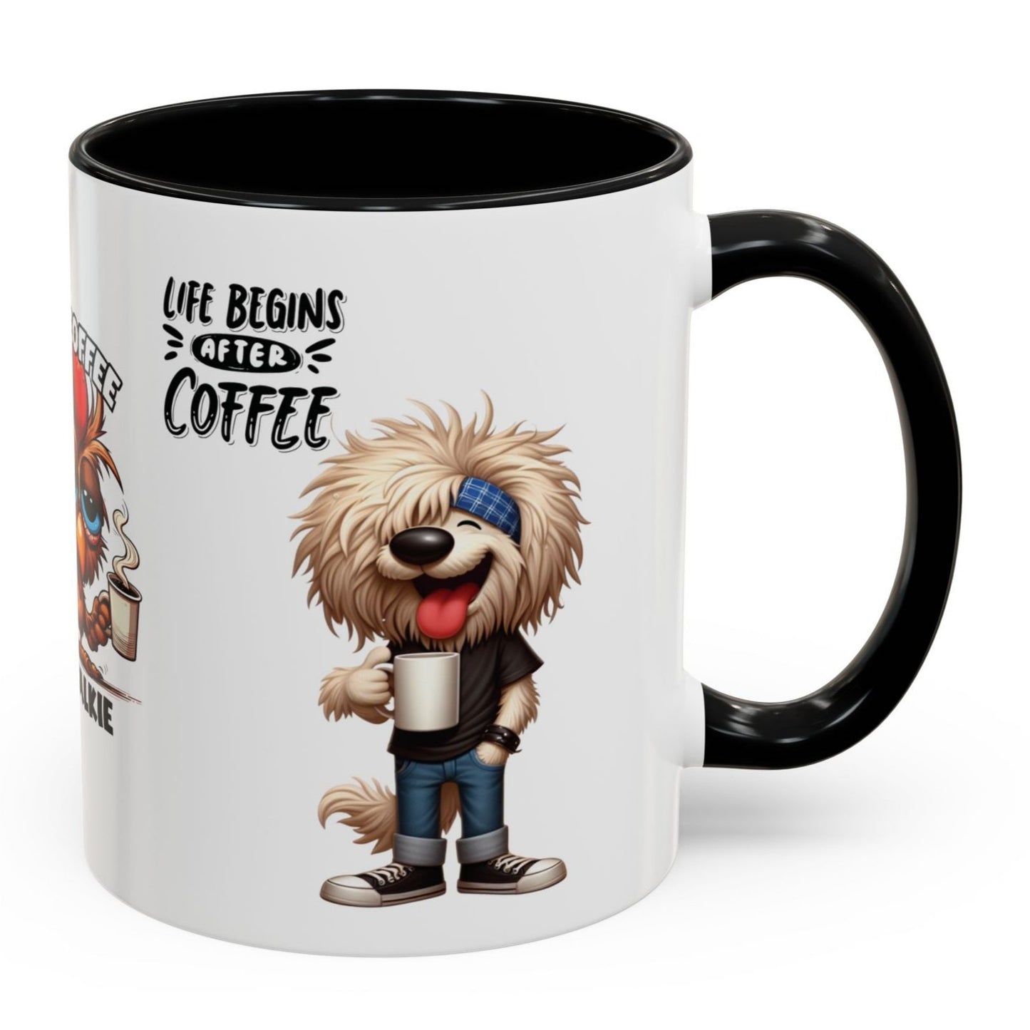 Funny Cup Coffee Mug for Coffee Lovers. Available with Black, Orange and Red accents.