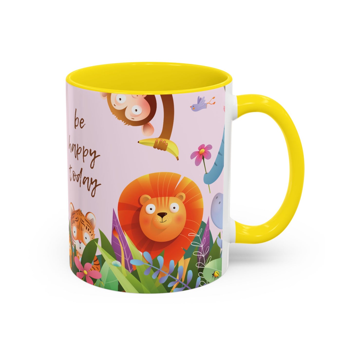 Be Happy Today Animal Jungle Accent Cup Coffee Mug - Accents in yellow, orange, blue and purple