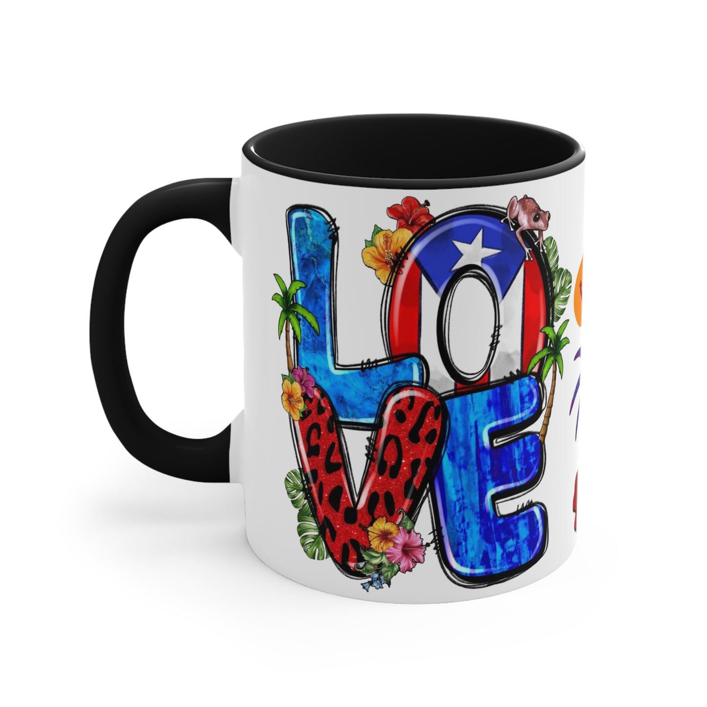 LOVE PUERTO RICO Mug with Puerto Rican Elements - Mugscity - Free Shipping - Available with Red, Blue or Black Accents
