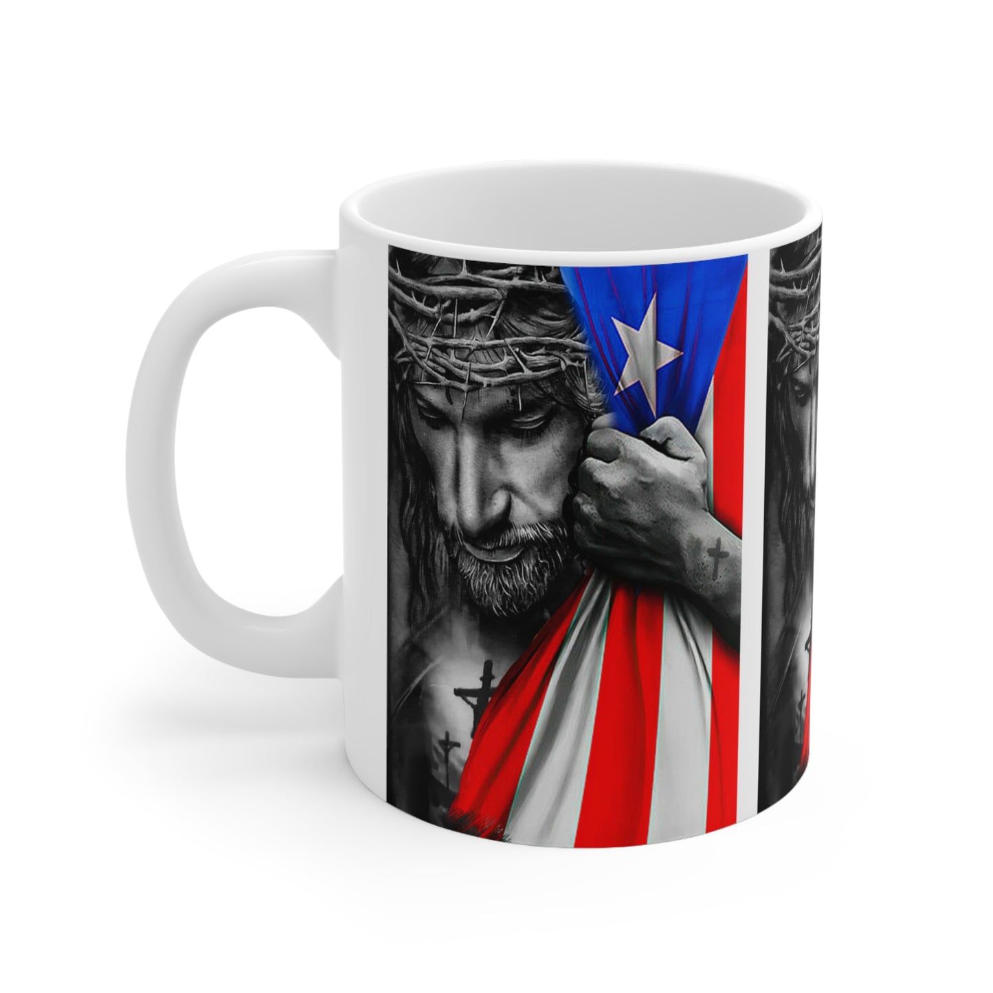 JESUS HUGGING PUERTO RICAN FLAG MUG - WHITE - MUGSCITY - Free Shipping
