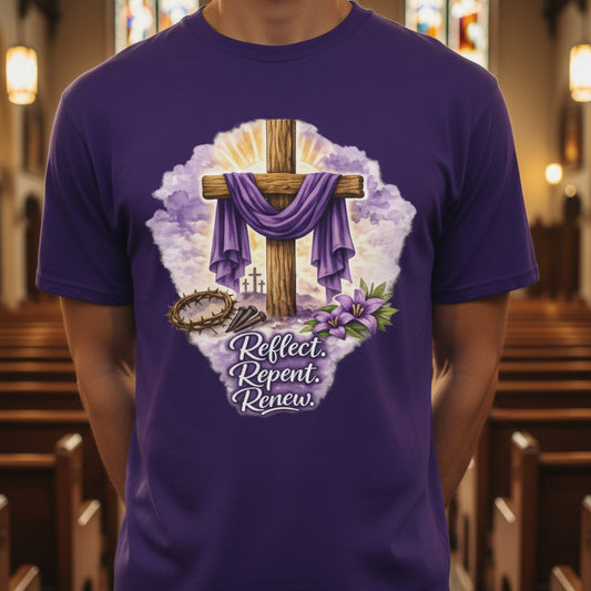 Purple t-shirt with a cross and religious symbols on a white background. lent cuaresma iglesia