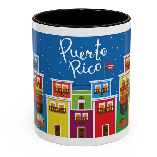 THREE KINGS IN OLD SAN JUAN COFFEE MUG TAZA TRES REYES MAGOS EN SAN JUAN. ASA E INTERIOR NEGRO. BLACK ACCENTS.