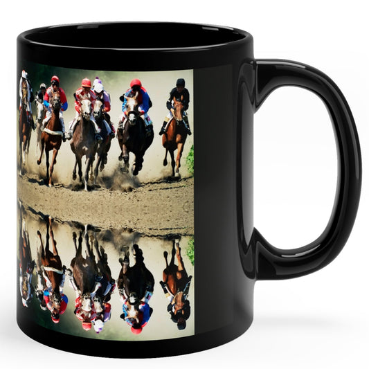 Glossy black ceramic mug featuring a dynamic image of jockeys in a horse race with a mirrored reflection design. 11oz, microwave and dishwasher safe.