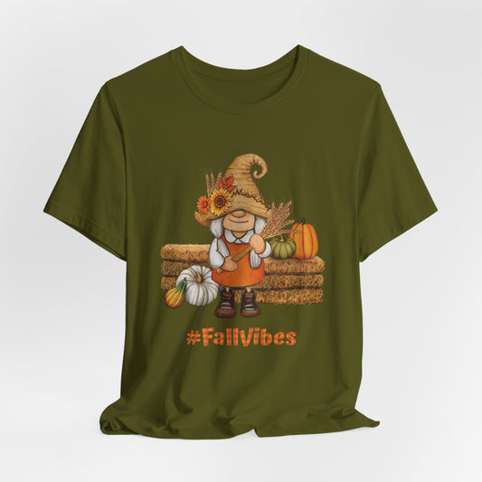 Cute Fall Gnome Shirt with pumpkins, sunflowers, and #FallVibes on soft unisex olive T-shirt – autumn season design