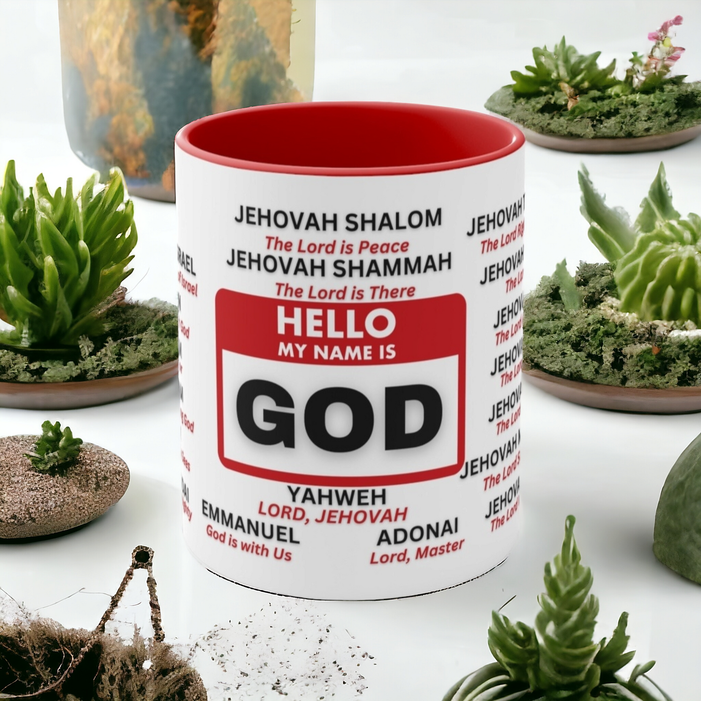 21 NAMES OF GOD Mug Names of God Mugs Religious Mug Christian Messages - Red Accent