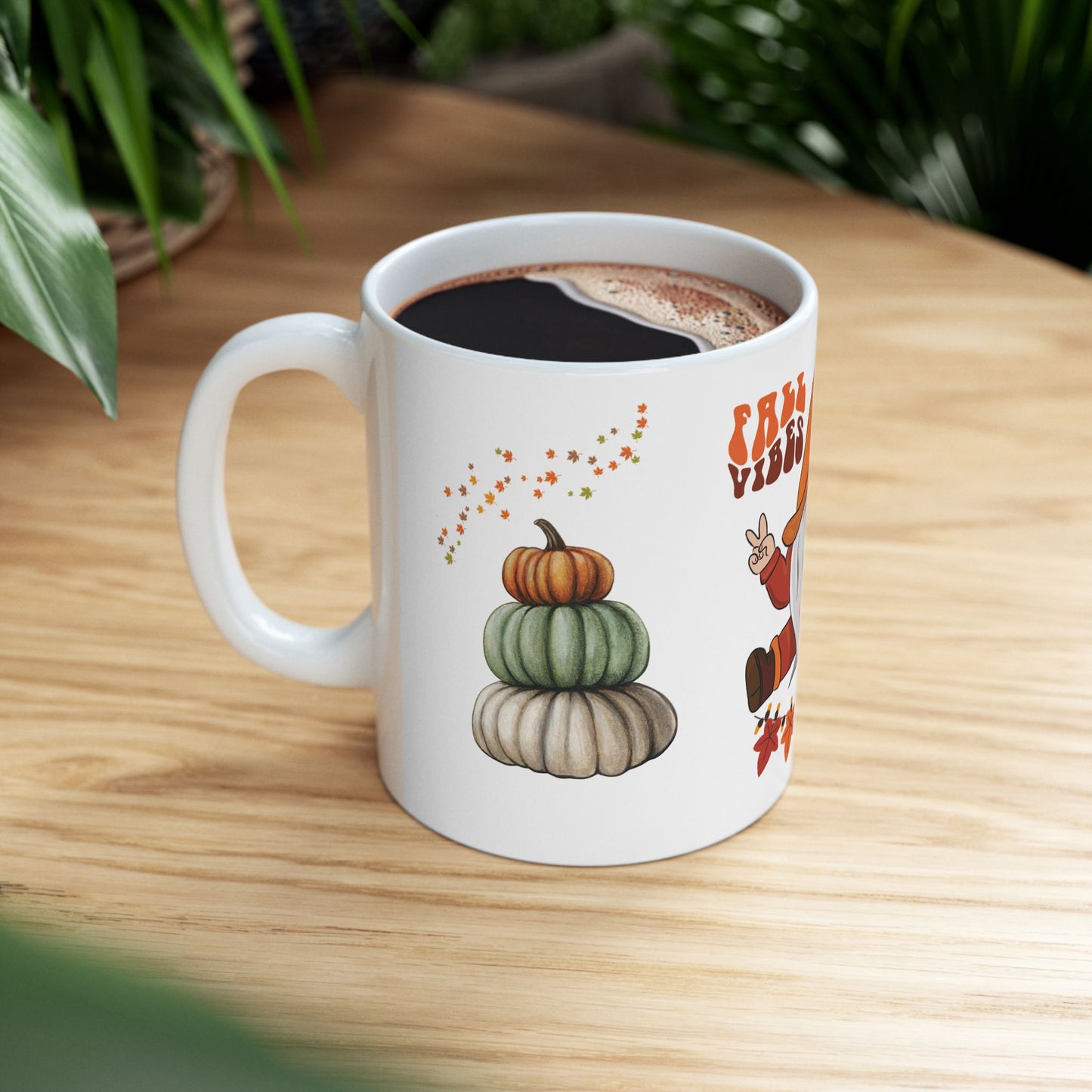 Fall Vibes Mug – Gnome Coffee Cup with Pumpkins & Autumn Leaves | MUGSCITY23