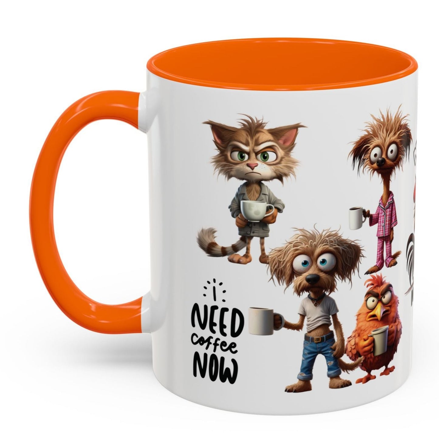 Funny Cup Coffee Mug for Coffee Lovers. Available with Black, Orange and Red accents.