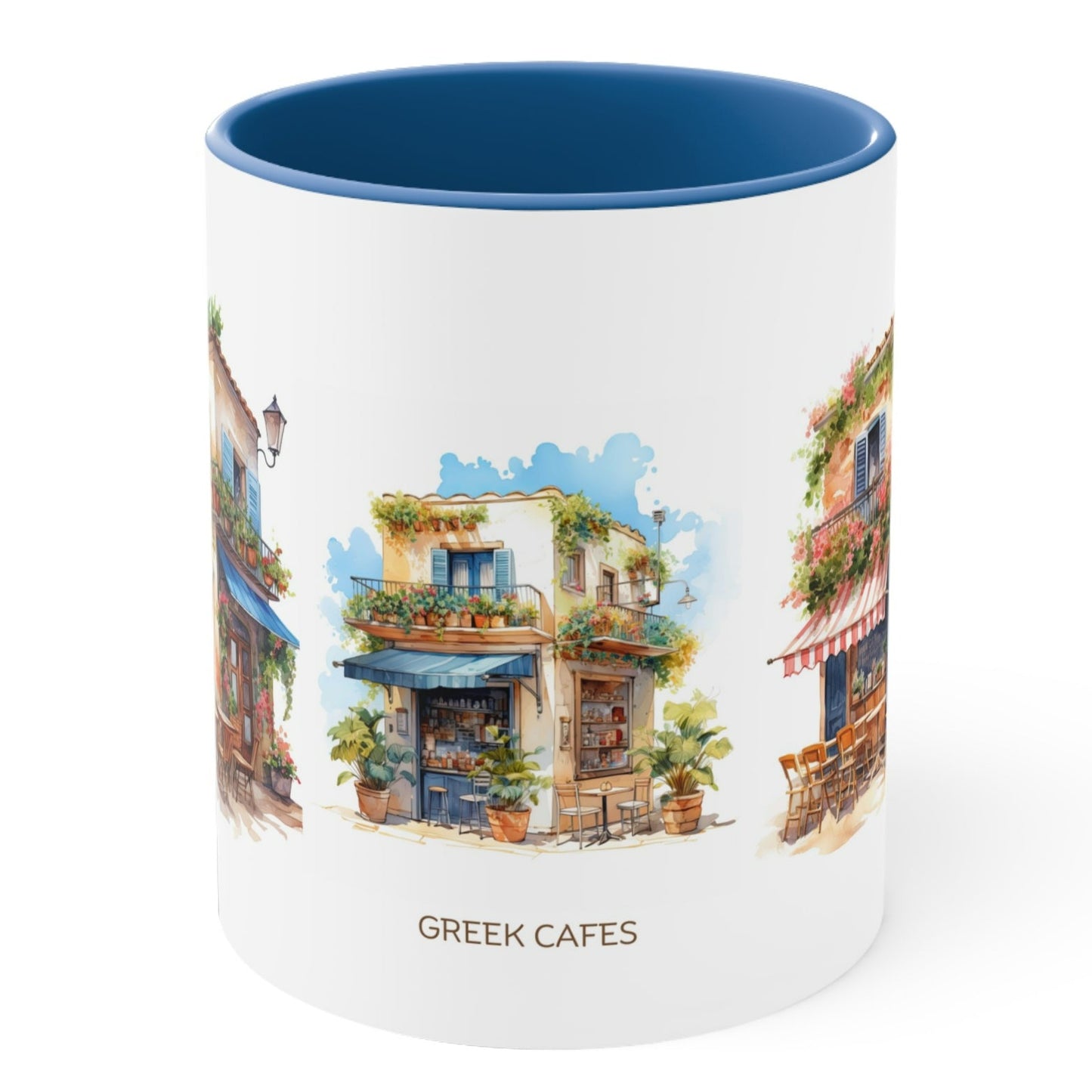 GREEK CAFES Amazing WATERCOLOR Mug - Blue, Red Accents - Mugscity - Free Shipping