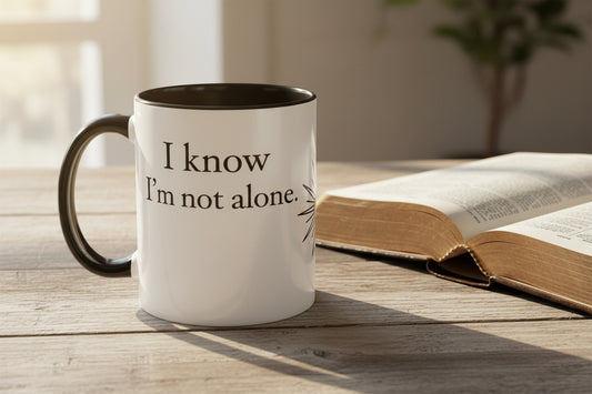 White mug with black interior and handle, featuring the text 'I know I'm not alone.' on a white background.