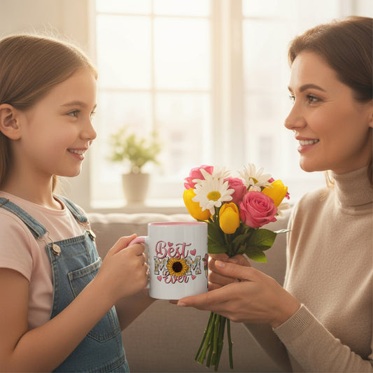 "Best Mom Ever 11oz ceramic mug with sunflower and gnome design – cute Mother’s Day gift by MUGSCITY23"