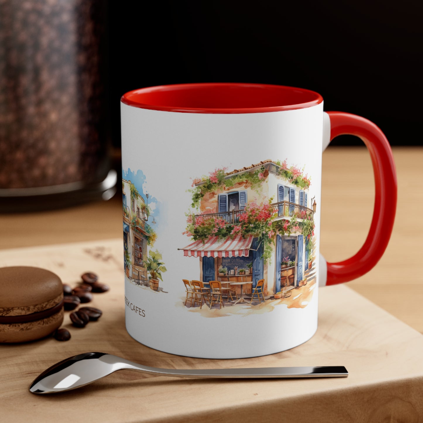 GREEK CAFES Amazing WATERCOLOR Mug - Blue, Red Accents - Mugscity - Free Shipping