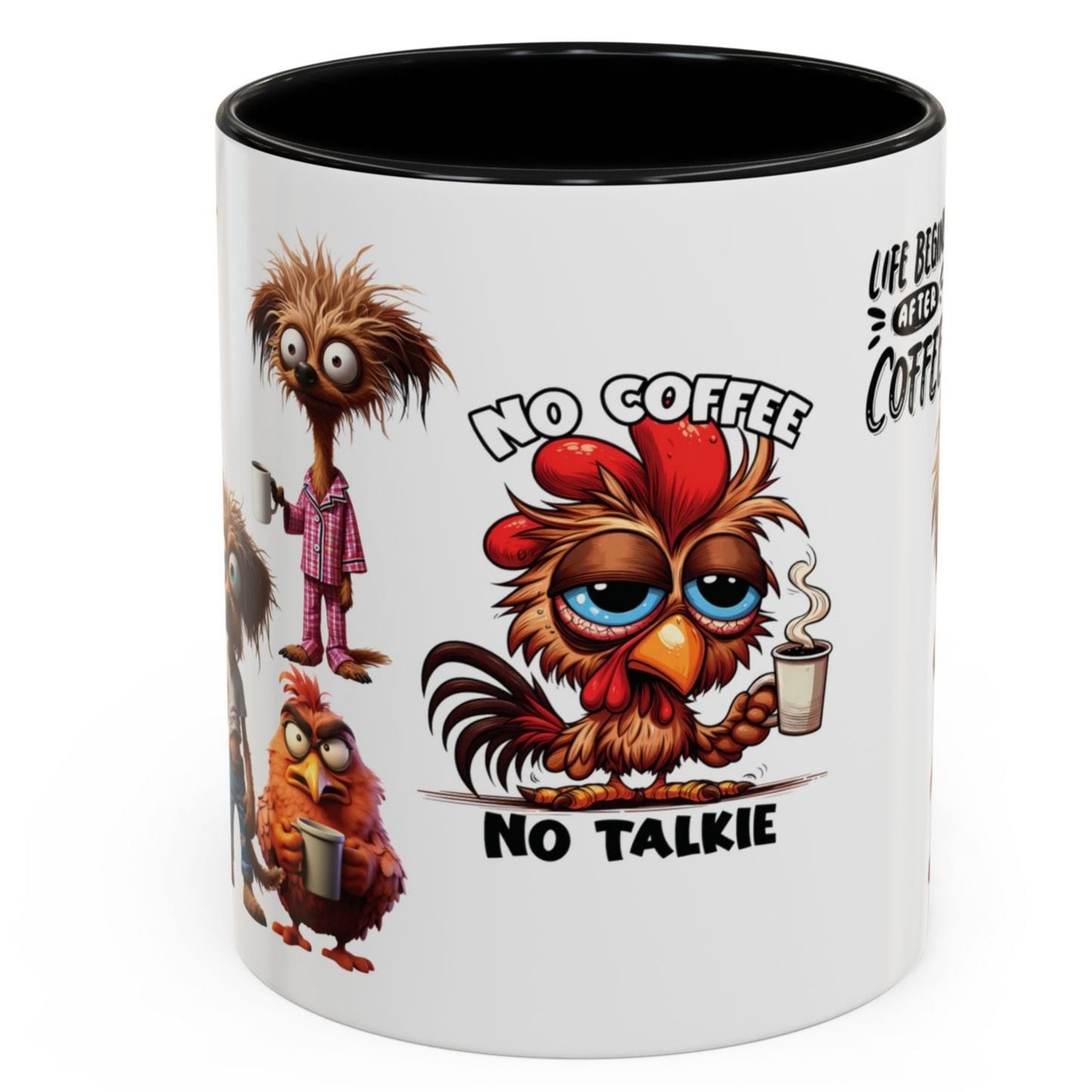 Funny Cup Coffee Mug for Coffee Lovers. Available with Black, Orange and Red accents.