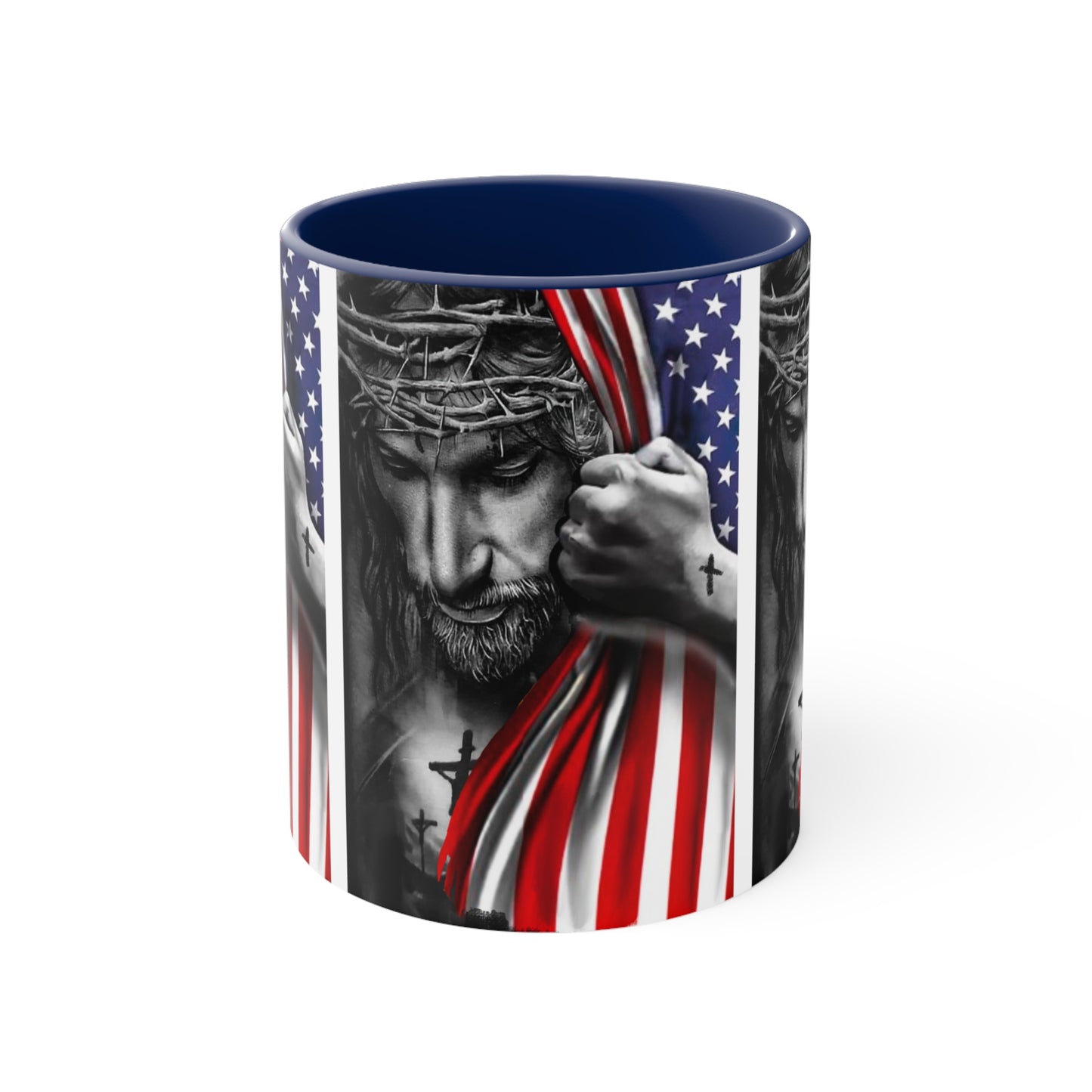 JESUS HUGGING USA FLAG MUG - Red- Navy-Black Accents - MUGSCITY - Free Shipping