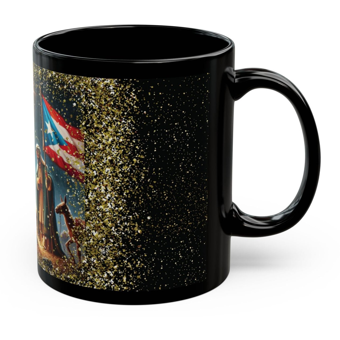 Three Kings and Jesus Christmas Coffee Mug, Puerto Rican Flag , Black Mug 11oz, Microwave Safe, Dishwasher Safe, Free Shipping