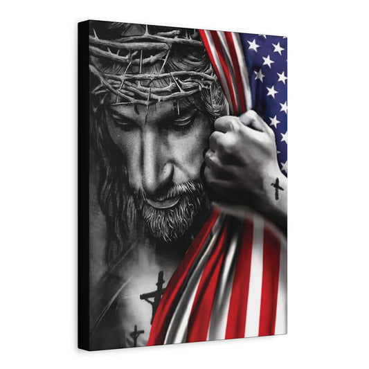 Jesus with crown of thorns pulling American flag to reveal cross – Canvas art 12x16 or 16x20 by Mugscity